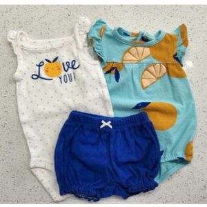 💜 2 for $12 Carter's newborn Love you fruity orange/blue shorts tank top onsie